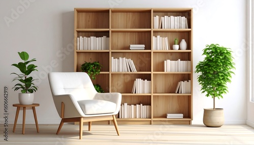 Modern minimalist living room with bookshelf