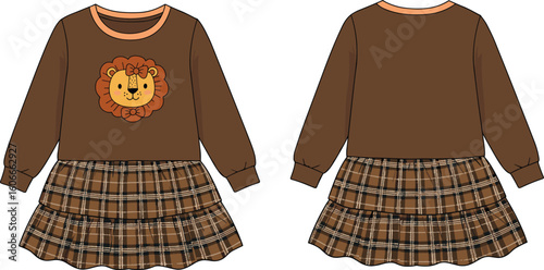 Cute Lion Graphic Plaid Skirt Dress CAD Drawing Flat Vector Illustration, Long Sleeves, Round Neck, Tiered Tartan Skirt, Kids Animal Theme Fashion Design Concept, Front and Back Views