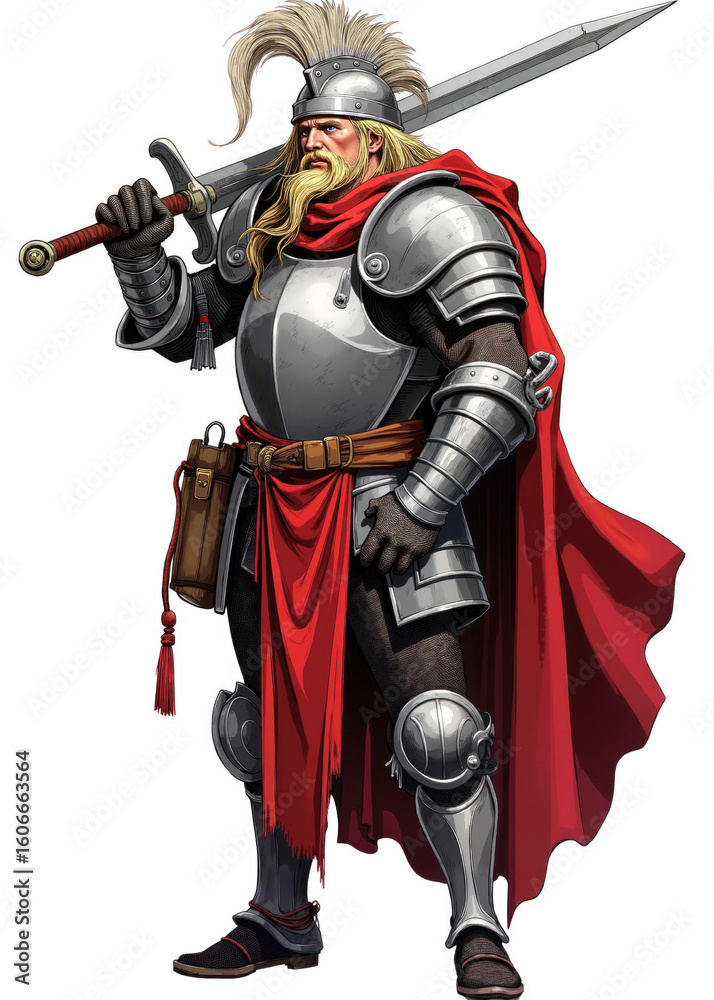 Fototapeta premium Noble Paladin Knight in Silver Armor with Red Cape and Sword – Chivalrous Fantasy Warrior Standing Heroically, Medieval Defender Character for RPG Game Art and Heroic Illustration Concept