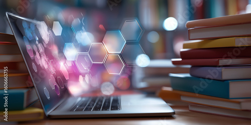 Laptop on desk surrounded by stacks of books, with digital hexagonal graphics overlaying screen, symbolizes integration of technology in education. scene is vibrant and dynamic