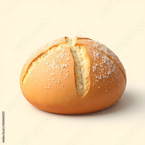 3D Mini Icon of a round rustic sourdough bread with a cracked crust and dusted flour, great for organic food branding, set on a plain background