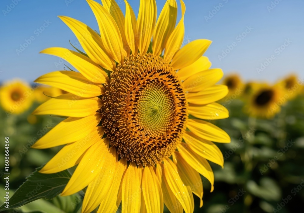 Naklejka premium Sunflower yellow petal green leaf blue sky summer field nature vibrant outdoor closeup bright cheerful sunlight agriculture