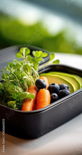 Healthy meal prep in a black container; carrots, avocado, blueberries, and microgreens