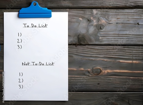 Paper with text written TO DO LIST and NOT TO DO LIST - to-do list focuses on what you need to accomplish, while not-to-do list focuses on what you should avoid doing to improve productivity and focus