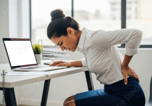 Woman office pain back sitting computer business stress discomfort workplace health professional fatigue laptop
