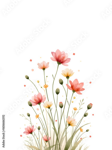 Artistic Watercolor Style Illustration of Wildflowers on white background 