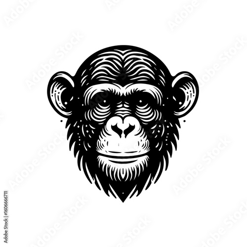 A monkey face stares forward, isolated on white background, in a vintage style