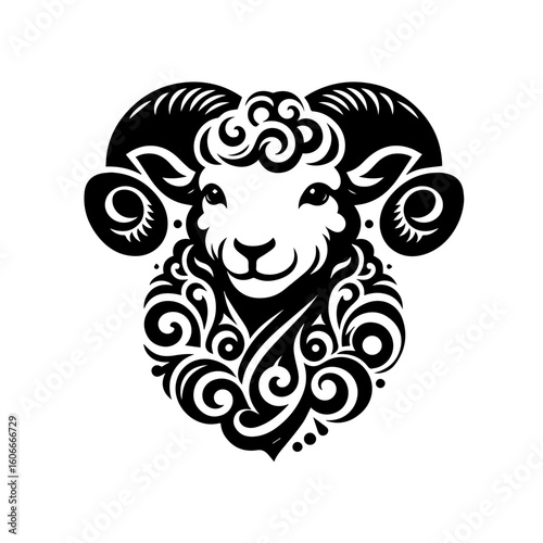 A decorative ram head stares forward, isolated on white background