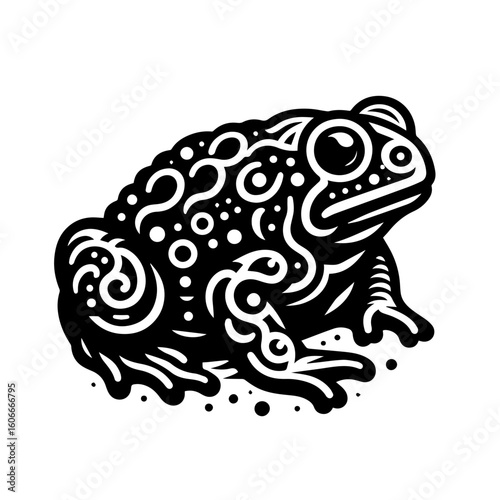 A unique toad sits calmly, isolated on white background