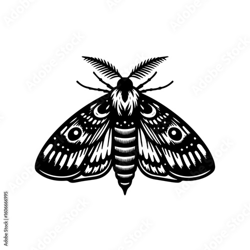 A detailed black and white moth illustration isolated on white background