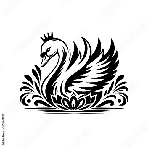 A regal swan with a crown is isolated on white background