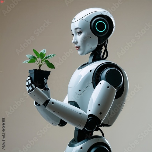 Humanoid Robot Holding a Small Potted Plant, Future of Agriculture, Artificial Intelligence, Modern Farming