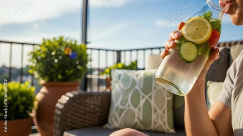 Hydrating infused water with fruit and vegetables in natural sunlight