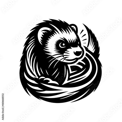 A black and white ferret is curled up, isolated on white background