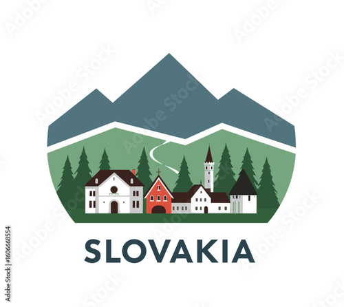 Minimal vector of Slovakia with village houses, church and pine trees in front of mountain range