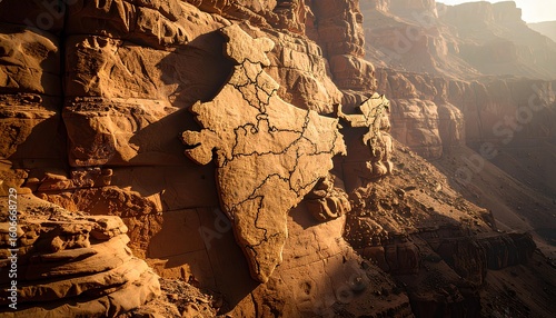 Sunlit Rock Carving of a Map in a Canyon, India Map States