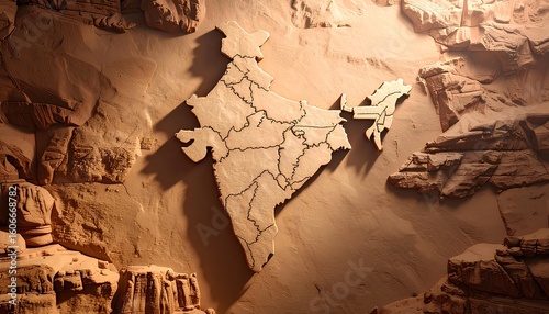 Subcontinent Map Carved in Sand, Desert Texture Background, India Map States