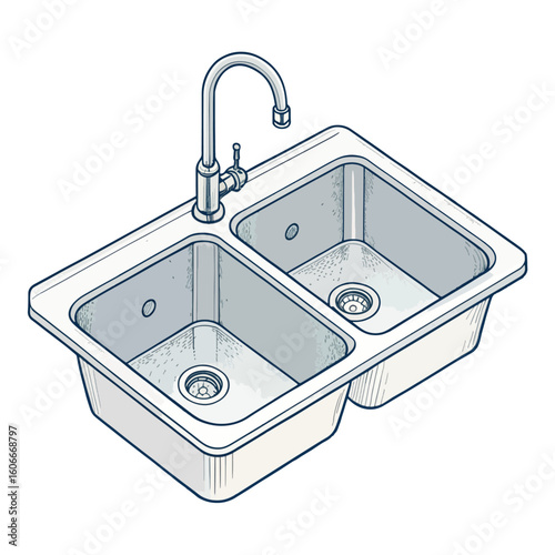 Isometric Illustration of a Double Basin Kitchen Sink with Modern Faucet and Plumbing Fixtures in a White Setting