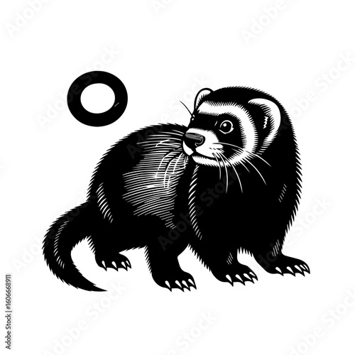 A black and white ferret illustration isolated on white background
