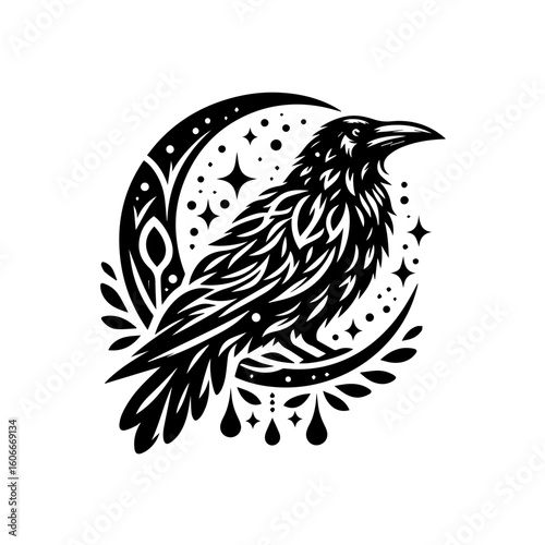 A raven perched on a moon with stars isolated on white background