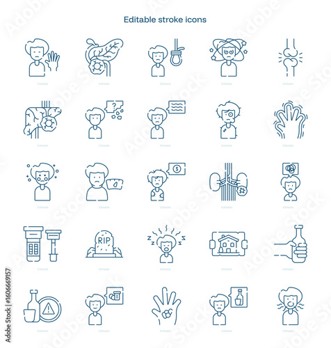 Alcoholism stroke icon. Alcoholism line icon set. editable stroke icon pack