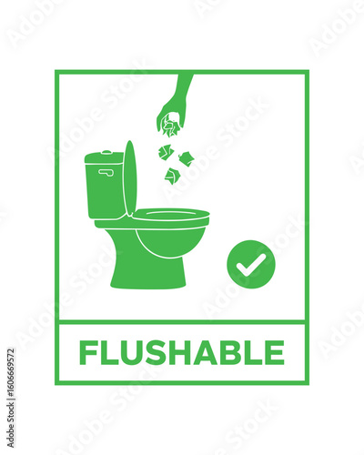Green Flushable Signage Symbol with Toilet Bowl and Check Mark, Hand, Toss, Illustration Vector