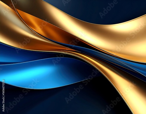 Abstract swirling gold and blue ribbons against a dark background