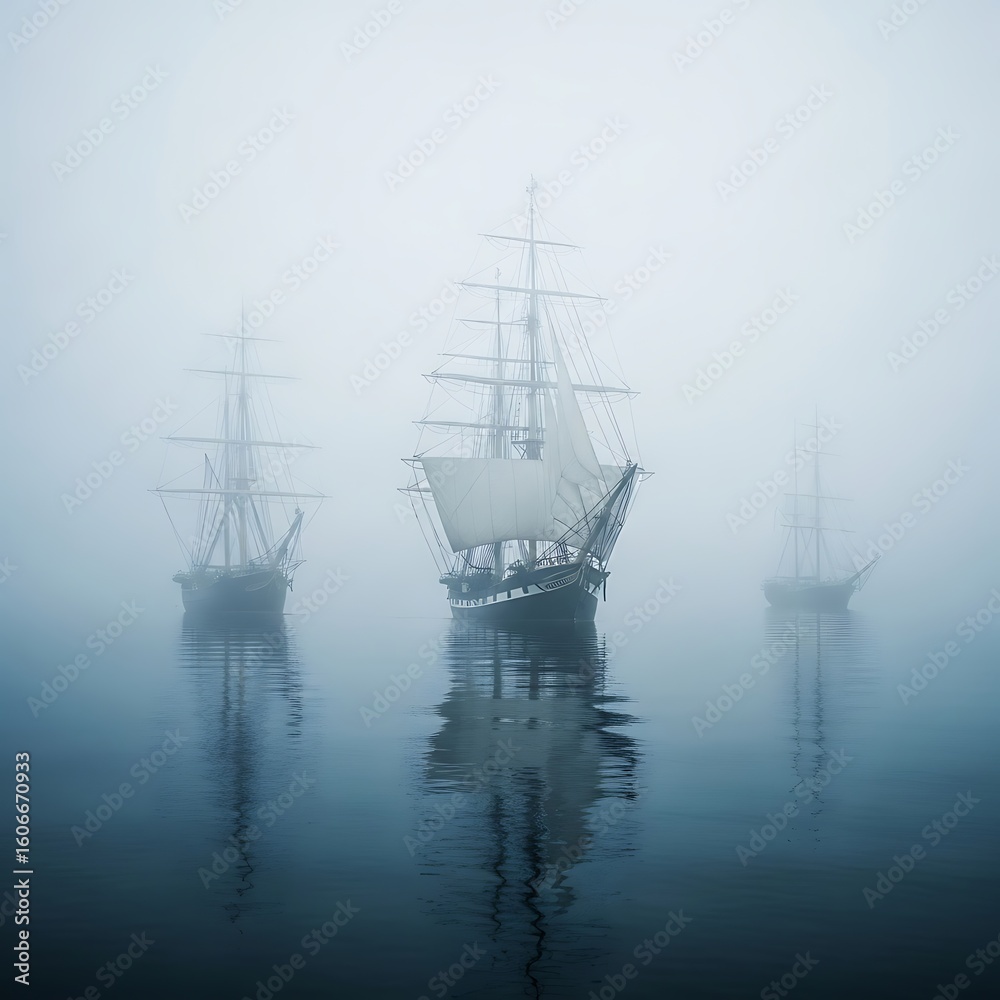 Fototapeta premium Three sailing ships in a thick fog.