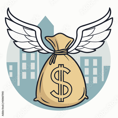 Winged money bag featuring a dollar sign is soaring above a city backdrop