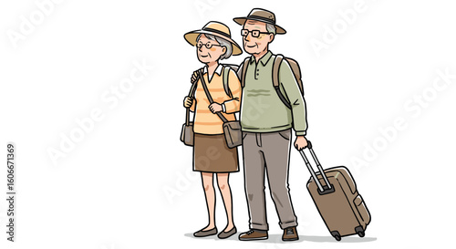 Retired couple standing together with suitcase on travel adventure  