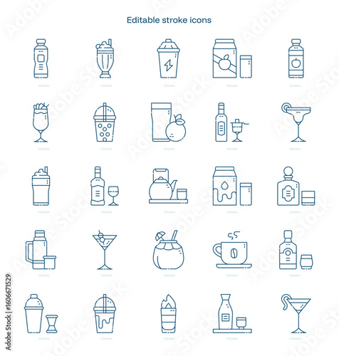 Beverages stroke icon. Beverages line icon set. editable stroke icon pack