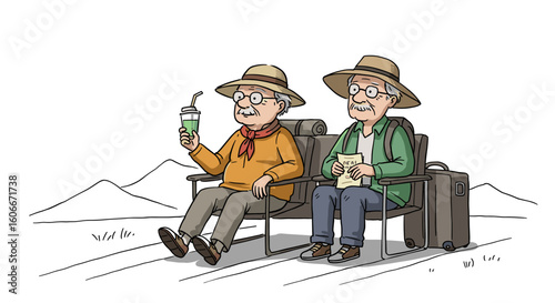 Retired couple sitting on bench enjoying drinks while traveling  