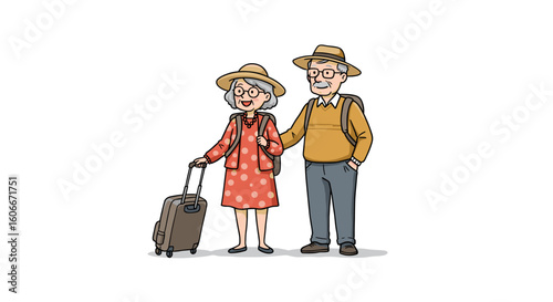 Retired couple traveling with suitcase and smiling together in summer  
