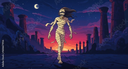 Animated mummy walking through ancient ruins at sunset