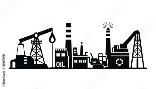 Oil Industry Silhouette, Industrial Landscape, Black and White Factory Buildings, Oil Rigs, Vector Illustration