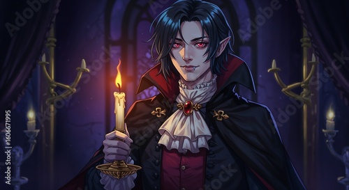 Vampire holding candle in dark castle with glowing eyes  