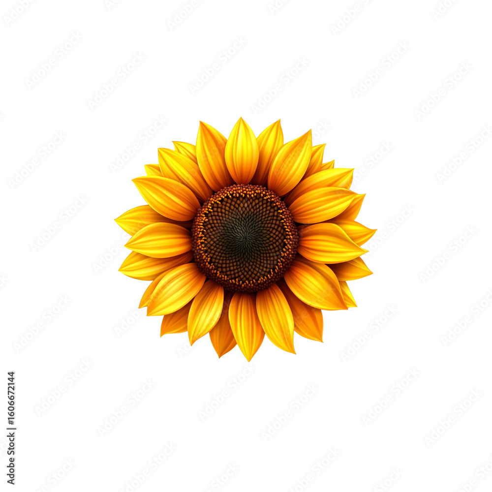Fototapeta premium Close-up of a vibrant yellow sunflower blossom with green leaves, beautifully isolated on a clean white background, capturing its natural summer beauty