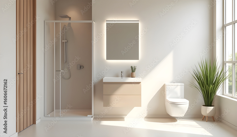 Fototapeta premium 3D Rendering of Compact Small Bathroom Layout with Neutral Colors