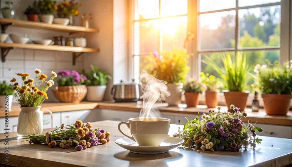 Fototapeta premium Hot Drink with Flowers in Sunny Kitchen Interior