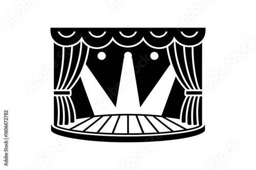 Illustration of a stage with curtains and spotlights in a theatrical performance setting design style