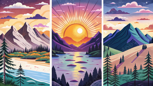 Set of mountain sunrise vector landscapes with purple-toned forest, peaks, and atmospheric light. Ideal for hiking, climbing, adventure banners, nature, and travel themes