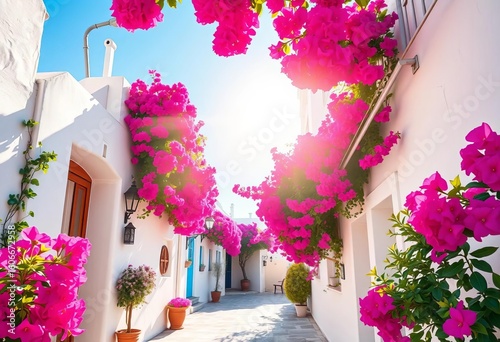 Fototapeta Naklejka Na Ścianę i Meble -  Sun-drenched Greek street, vibrant bougainvillea, whitewashed buildings, anime aesthetic,  colorful,  sun