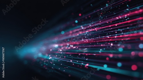Dynamic radial light streaks in vibrant magenta cyan gradient, futuristic tech background with floating particles, digital energy concept for website headers or video transitions


