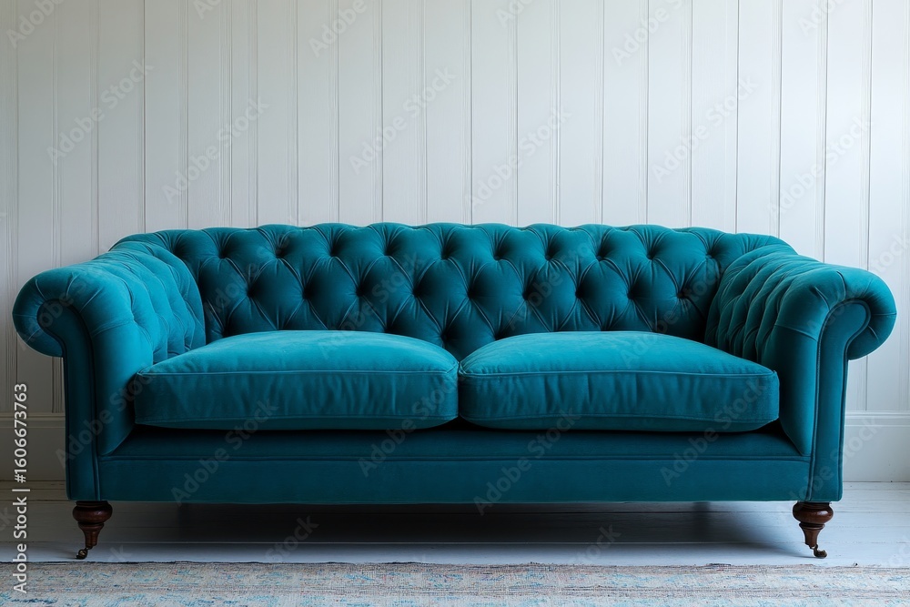 Turquoise sofa positioned against a white wall, offering ample copy space. Scandinavian home interior design for a modern living room, Generative AI Turquoise sofa positioned against a white wall, offering ample copy space. Scandinavian home interior design for a modern living room, Generative AI