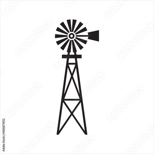 Farm windmill icon, classic American windpump silhouette. Rural agriculture and water pump vector graphic for country logo design.
