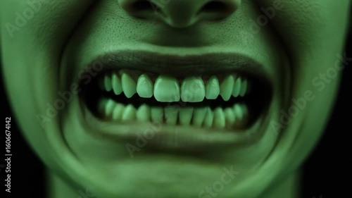 Intense Green-Tinted Close-Up of a Person's Mouth Showing Teeth and Emotional Expression