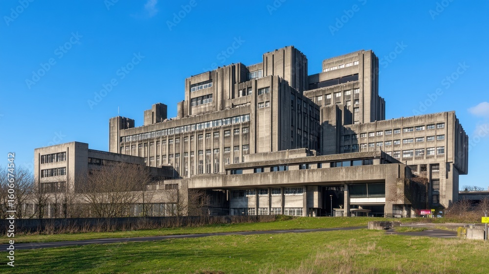 Fototapeta premium Brutalist building in a sunny landscape
