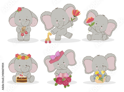 Adorable baby elephants are portrayed with various flowers and toys, each displaying charming personalities. This vector illustration captures their playful and joyful expressions.