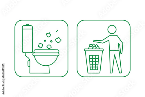 Prohibited Actions Signage Vector Illustration; No Flushing Waste, Trash Bin Usage, Green Icon Set Design