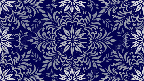 Vector illustration dark blue background with floral ornament Seamless damask wallpaper for Presentations marketing, decks, ads, books covers, Digital interfaces,colours, cyan, damask, elegance,